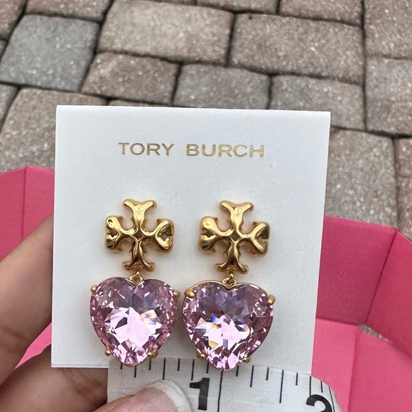 Pink 💖Tory Burch Crystal Heart Earrings Kira gold logo studs miller earring - Picture 6 of 11